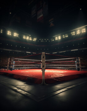 Boxing fight ring. Interior upper view of sport arena with fans and shining spotlights. Digital sport 3D illustration.