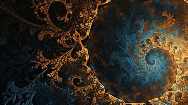 Abstract fractal background of blue and yellow floral patterns