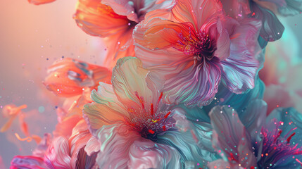 This image captures the essence of a vibrant floral explosion, where dynamic strokes of color bring to life a rich and abstract botanical scene. - obrazy, fototapety, plakaty