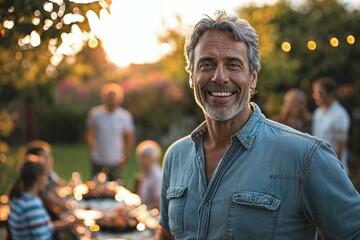 Handsome mature man proudly standing in front of his family enjoying a barbecue party, capturing a moment of joy and togetherness