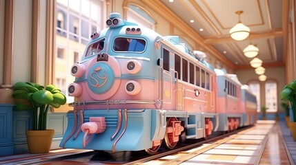 Obraz premium A pink and blue train in a station