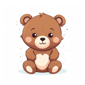 A cartoon style illustration of a brown bear sitting down. It has a white heart on its belly, pink cheeks, and black eyes. The bear has a cute expression on its face.