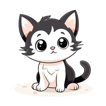 A cartoon illustration of a black and white kitten with big eyes.