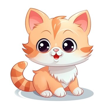 The image depicts a cartoon illustration of a small orange and white kitten. It has big eyes, pink ears, and a pink nose. The background is white.