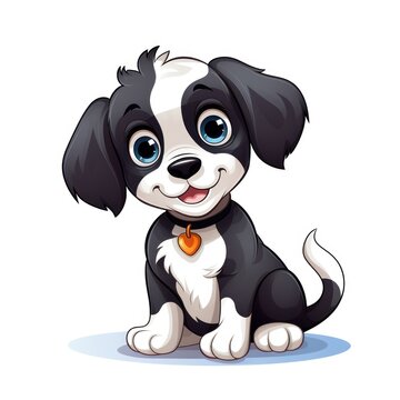 A cartoon illustration of a black and white puppy with a heart tag on its collar.