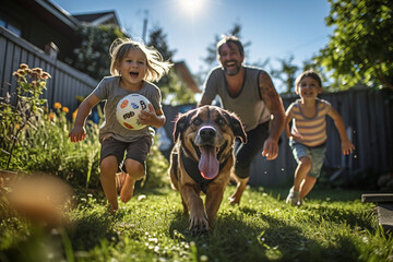 A family of diverse backgrounds, including parents and children, enjoys a lively game of soccer with their energetic Boxer dog in a sunlit backyard, showcasing the spirited play of - obrazy, fototapety, plakaty