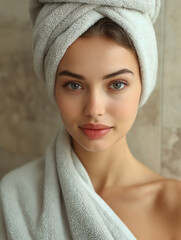 Obraz premium Beautiful young woman wearing towel smiling and enjoying spa procedure. Beauty treatmen in spa salon. 
