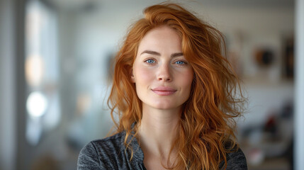 Beautiful amazing young  redheaded smiled  woman at home. Blue eyes and long wavy red hair. Looking forward.  - obrazy, fototapety, plakaty