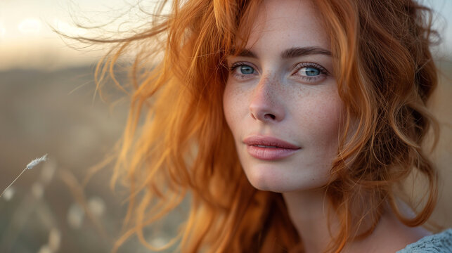 Beautiful redheaded smiled  woman in field on sunset. Blue eyes and long wavy red hair. Looking forward. 