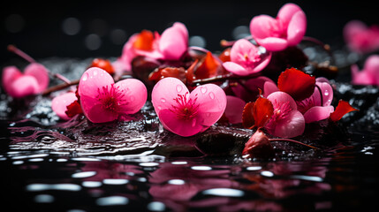 Pink and red cherry blossoms lie on a wet surface with water droplets, reflecting on the water against a dark background
