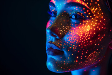 Makeup and cosmetics technology. digital female portrait on black background. Abstract digital human face. Concept of artificial intelligence, big data, or cybersecurity.