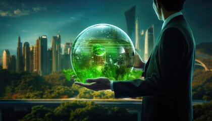 Human touching a advanced technology based on hologram light with greenery city, eco-friendly city on a city background with hologram network icons for energy source research, renewable energy concept