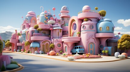 Colorful cartoon houses in a whimsical setting