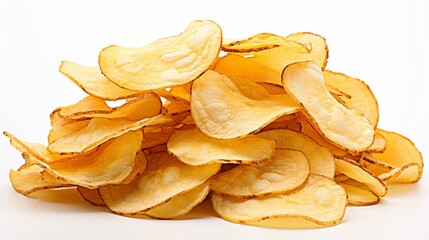 Crunchy potato chips isolated on white background with ample copy space for text or design