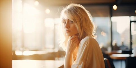 Portrait of a beautiful blonde woman sitting in a cafe - obrazy, fototapety, plakaty