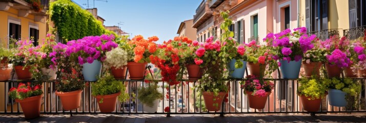 Summer flowers on the balcony or terrace, flowers in pots, home decoration with flowers, banner - obrazy, fototapety, plakaty