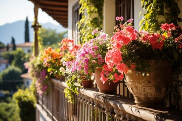 Summer flowers on the balcony or terrace, flowers in pots, home decoration with flowers