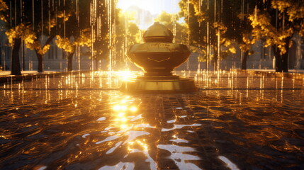 street fountain in the golden light of the sun