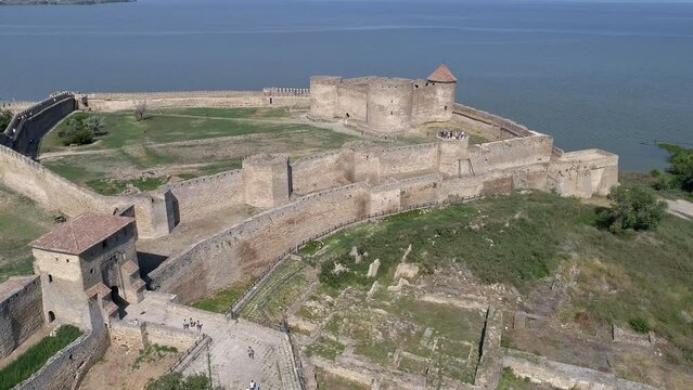 Aerial drone 4k downward footage of Akkerman fortess in Bilhorod Dnistrovskyi city in Odessa region, Ukraine.