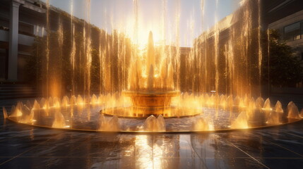street fountain in the golden light of the sun - obrazy, fototapety, plakaty
