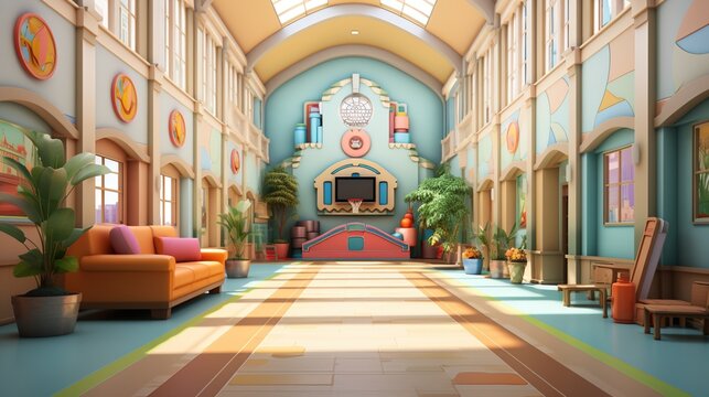 3D rendering of a colorful school hallway