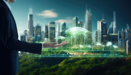 Human touching a advanced technology based on hologram light with greenery city, eco-friendly city on a city background with hologram network icons for energy source research, renewable energy concept