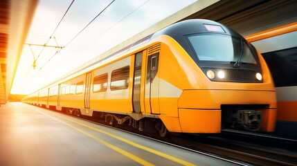 Naklejka premium Dynamic cityscape with a state of the art subway train elegantly traversing the bustling metropolis