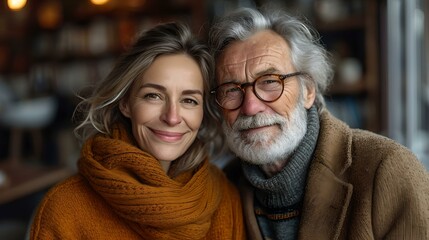 Warm portrait of an elder man and a smiling woman in cozy attire. intimate couple embracing. AI