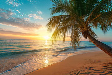 Sunny exotic beach by the ocean with palm trees at sunset summer vacation Generate AI