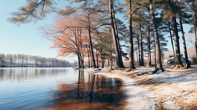 A heart-shaped reflection on a calm lake, surrounded by snow-covered trees, capturing the serene beauty of a winter's day -Generative Ai