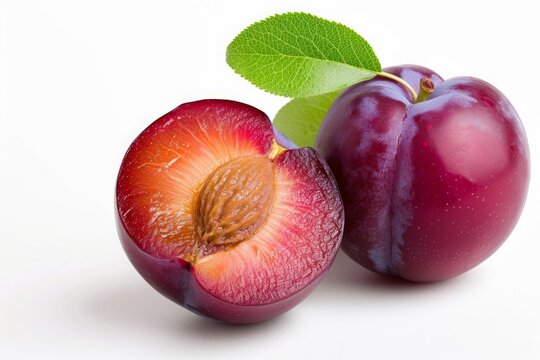 purple plum isolated on a white background. violet fruit, whole berries and half.