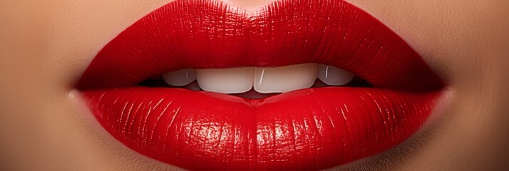 Obraz premium Women's lips close-up with sexy red lipstick, banner