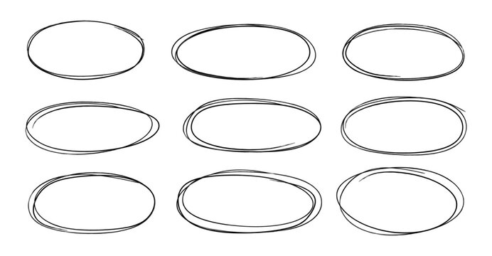 Hand drawn ellipses set. Doodle drawing ovals and bubbles elements with space for text. Collection of different frame in black brush stroke isolated on white background. Various ellipse element.Vector