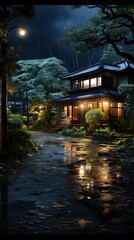 Fototapeta na wymiar Rainy night in a Japanese village