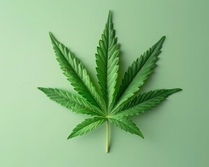 Green cannabis leaves isolated on light green background. Growing medical marijuana against fresh green background.
