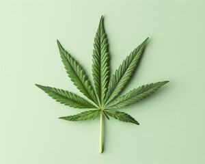 Green cannabis leaves isolated on light green background. Growing medical marijuana against fresh green background.