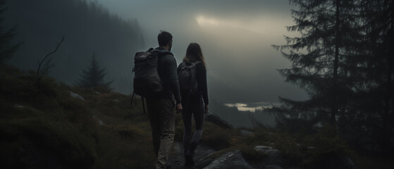 Tourist on a hike at the mountains. Couple on vacation