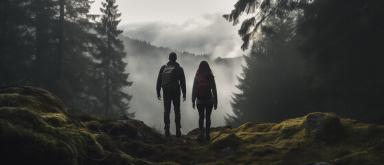 People hiking in the mountains. Trail in a forest. Vacation