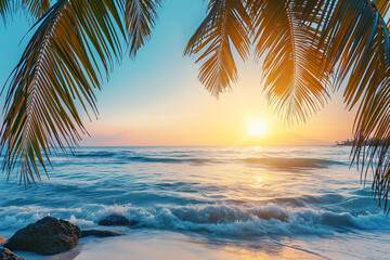 Sunny exotic beach by the ocean with palm trees at sunset summer vacation Generate AI - obrazy, fototapety, plakaty