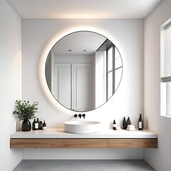 3d rendering of a modern minimal white bathroom with big round mirror