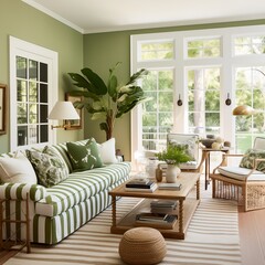Elegant living room with green walls and striped sofa