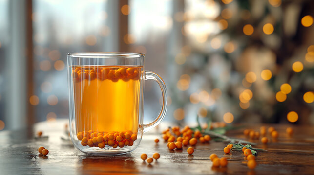 Sea buckthorn tea in a glass cup on a dark wooden table and around  twigs and berries of the plant.