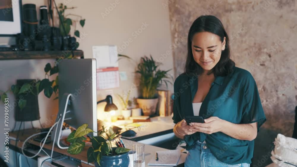 Poster businesswoman, smile and texting on phone in home office, internet connection and communication. fem
