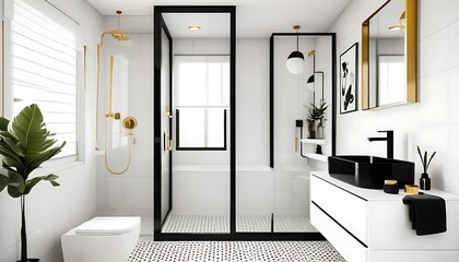 A small bathroom, white, black and golden, modern