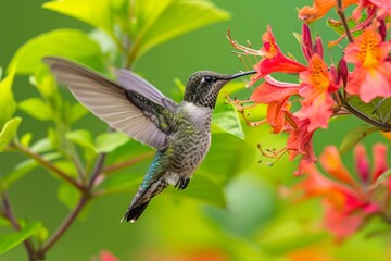 Obraz premium Hummingbird delicately sips nectar from vibrant flowers, a mesmerizing dance of nature's colors.