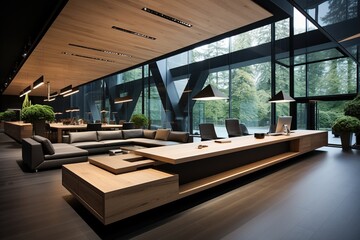 Modern office interior with wooden furniture and large windows - obrazy, fototapety, plakaty