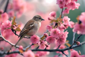 Obraz premium Blossoms attracting diverse birds seeking nectar, a diverse and colorful avian gathering.