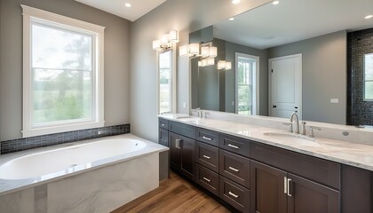 Beautiful bathroom in luxury home with double vanity, bathtub, mirror, sinks, shower, and hardwood floor
