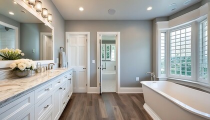 Beautiful bathroom in luxury home with double vanity, bathtub, mirror, sinks, shower, and hardwood floor