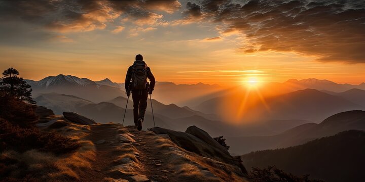 Silhouette of a hiker during sunset in the mountains